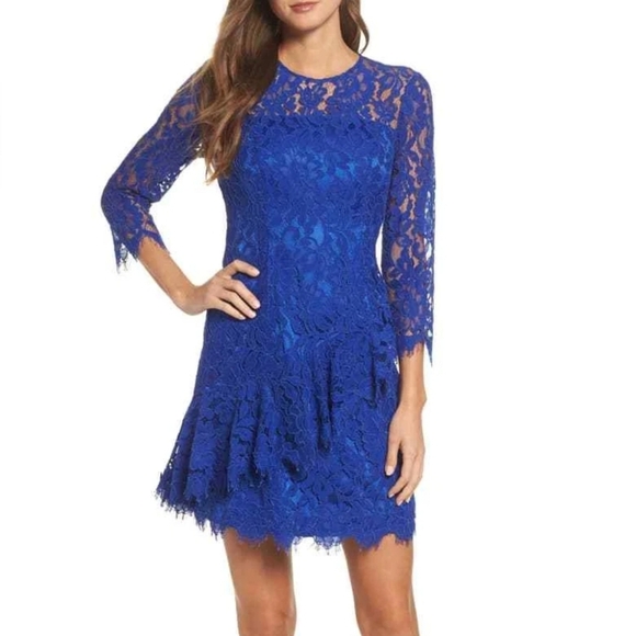 ELIZA J NWOT Cobalt Blue Sheer Lace Ruffle Peplum 3/4 Sleeve Cocktail Dress Sz 6 - Picture 1 of 14